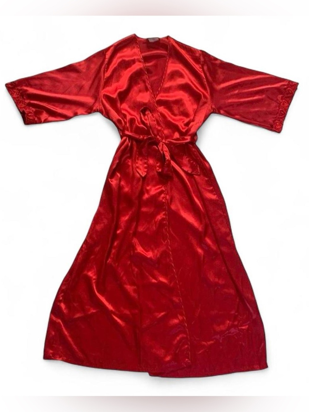 Vintage Le Boudoir Silky Satin Red Heart Embroidered Long Robe Size M